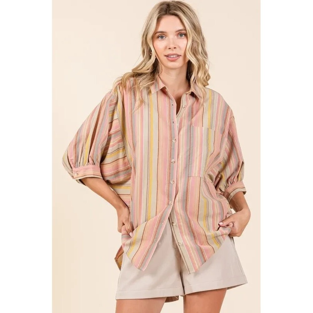 Mittoshop Striped Bubble Sleeve Button Down Shirt - Small